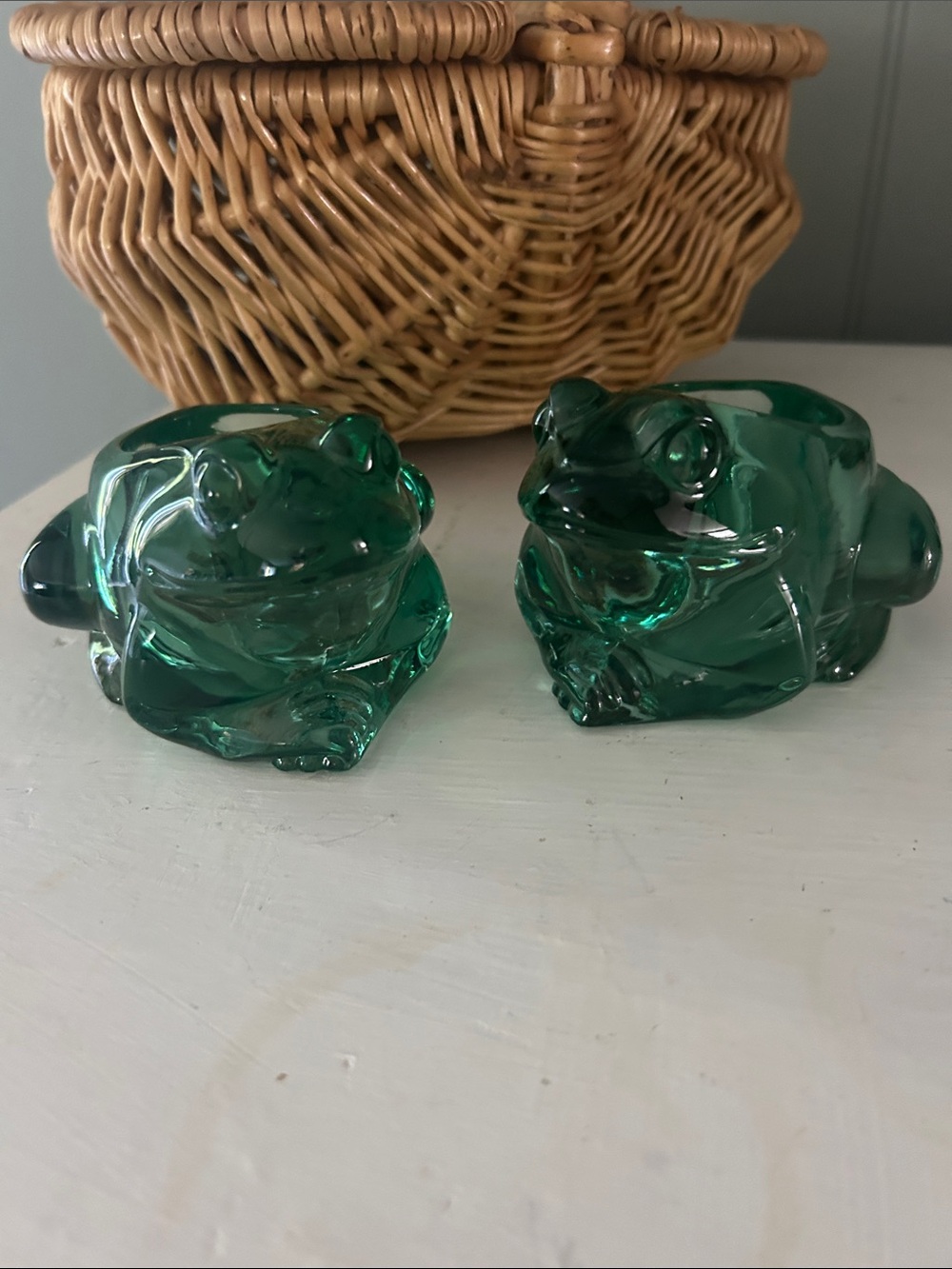 Vintage Indiana Glass Spanish Green Frog Votive Holders set of 2